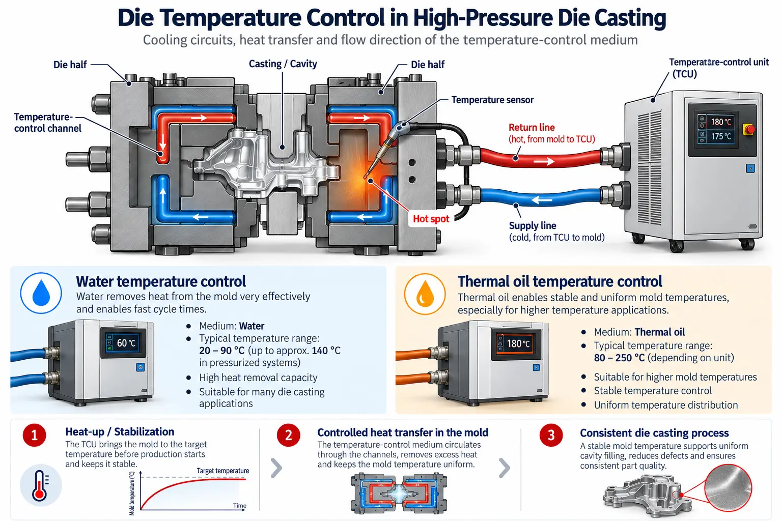 Technical diagram of die temperature control in high-pressure die casting with water and thermal oil circuits, supply and return flow, cooling channels and hot spot